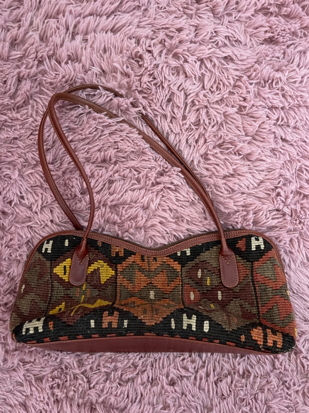 Brown Wool Woven Bag with Leather Straps